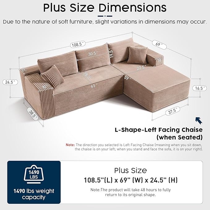 Camel L-Shaped Sectional Sofa - 108" Modular Cloud Couch with Chaise, Luxurious Camel Fabric, Deep Seat Design, No Assembly Required (Left Facing Chaise)