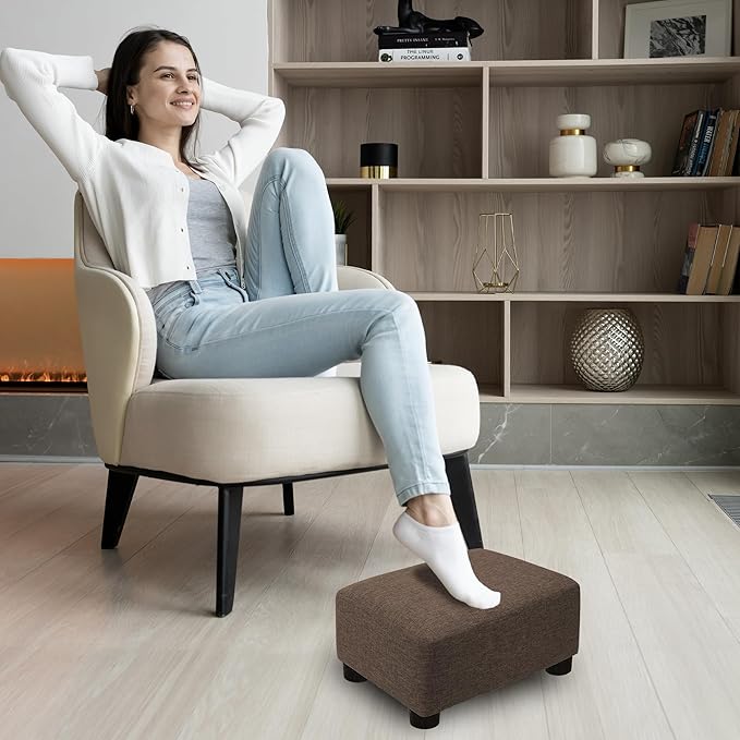 CAROLMADE Small Foot Stool Ottoman Footstool with Legs Under Desk Footrest for Living Room Bedroom and Office,Linen-Brown
