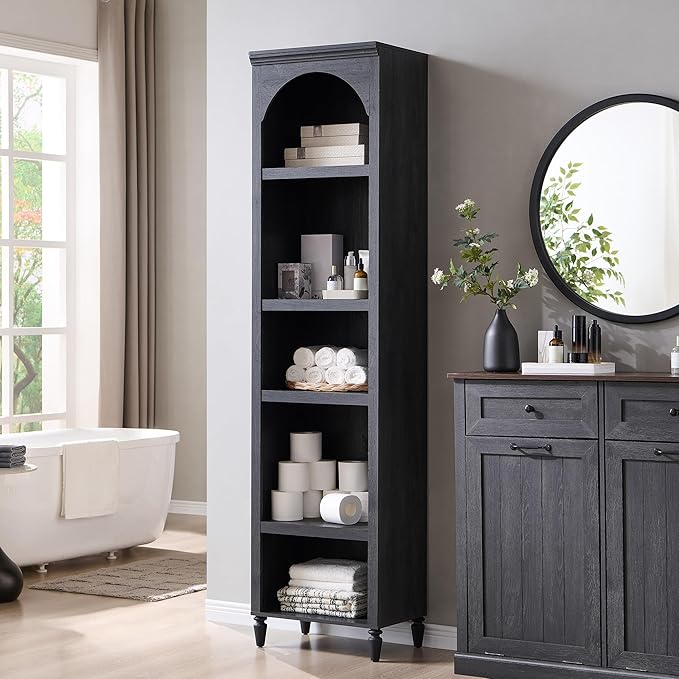 IFGET 76" Tall Arched Bookcase, Farmhouse 5 Tiers Narrow Arched Bookshelf Cabinet with Adjustable Shelves, Modern Wooden Book Shelf w/Storage and Open Display Shelves for Living Room, Office-Dark Grey