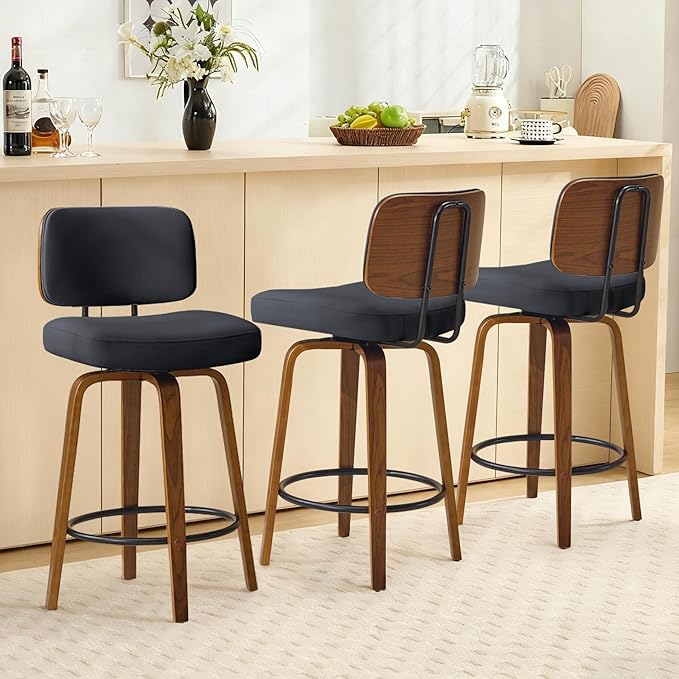 Counter Height Bar Stools Set of 3, 26+inch Swivel Faux Leather Barstool with Back, Upholstered Mid-Century Modern Bar Chairs with Bent Wood Legs for Kitchen Counter, Dining Room, Black