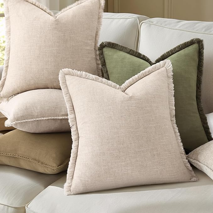 decorUhome Decorative Linen Fringe Throw Pillow Covers 18x18 Set of 2, Cozy Boho Farmhouse Cushion Cover with Tassels Soft Accent Pillowcase for Couch Sofa Bed Living Room, Ecru