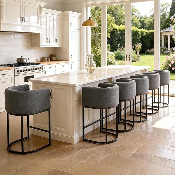 ClinQ 26" H Counter Height Bar Stools Set of 6, Modern Barrel Counter Stools with Backrest and Arms, Black Metal Frames, Linen Fabric Upholstered Accent Barstools for Kitchen Island, Carbon Gray