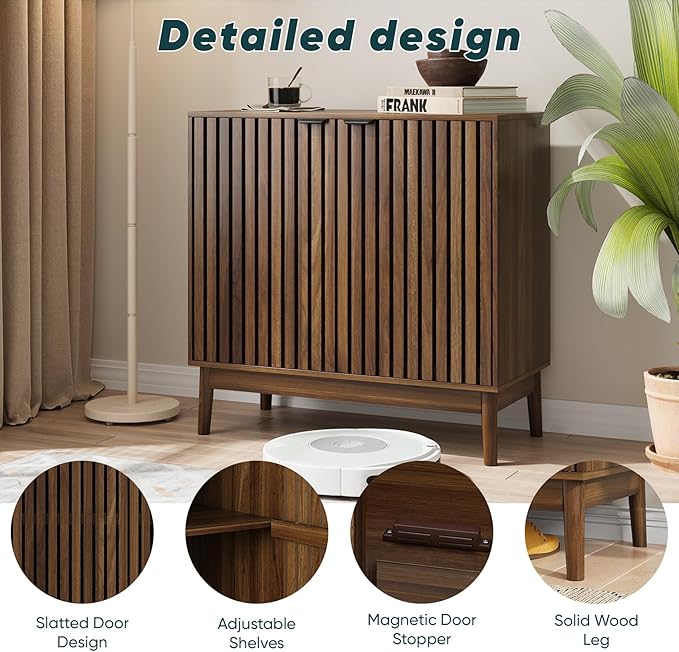 Kiasthome Wooden Sideboard Buffet Cabinet with Slatted Ventilation Doors & Adjustable Shelf, Sideboard Cabinet Storage Cabinet with Ample Storage for Dining Room Entryway (Walnut)