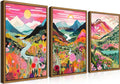 Floating Framed Boho Colorful Mountain Wall Art Set of 3, Abstract Watercolor Landscape Flower Wall Decor Paintings, Modern Nature Sunset Forest Posters Prints for Living Room, Bedroom 12x16 Inch