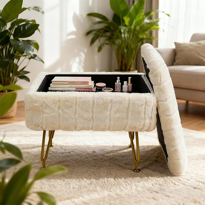 ACEQLYT® Small Foot Stool, Small Ottoman with Storage, White Furry Footstool with Soft Padded Seat & Gold Metal Leg