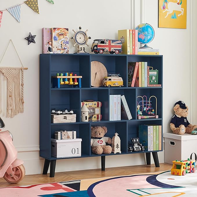 LEYAOYAO 10 Cube Bookshelf,3 Tier Modern Wide Bookcase with Legs,Mid-Century Wood Bookshelves Storage，Dark Blue Large Book Case,Freestanding Organizer Display Shelf for Bedroom,Living Room,Office
