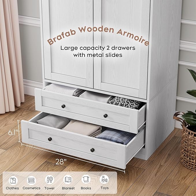 Brafab Armoire Wardrobe Closet with 2 Modern Doors Set of 2, 71" Tall Freestanding Closet Wardrobe Cabinet with Drawers and Hanging Rail, Light Wooden Storage Cabinet with Shelve for Bedroom, White