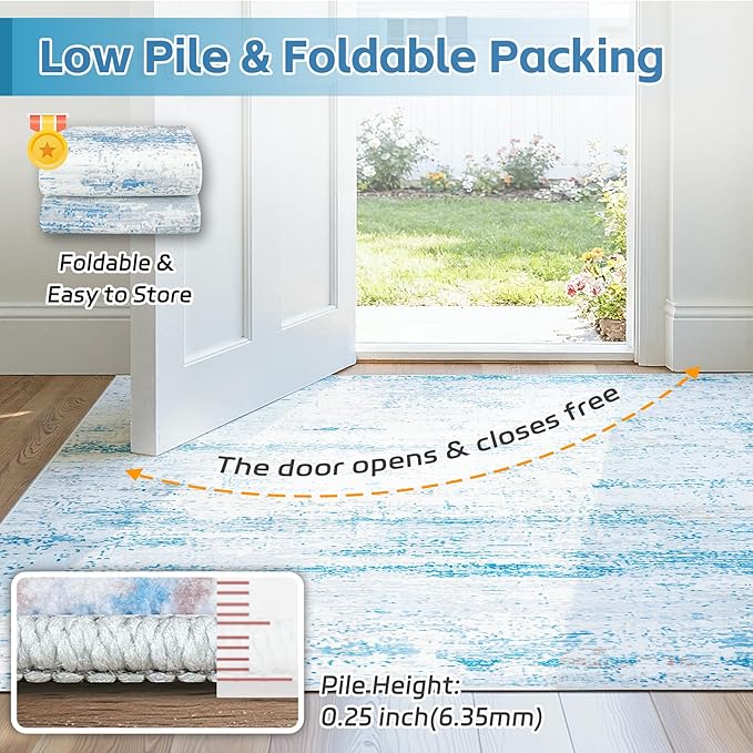 5x7 Area Rugs Washable Rug:Anti-Skid Abstract Modern Living Room Rug Soft Thin Carpets Indoor Floor Non-Shedding Carpet for Bedroom Dining Farmhouse Nursery Home Office(Light Blue/White/Beige, 5x7)