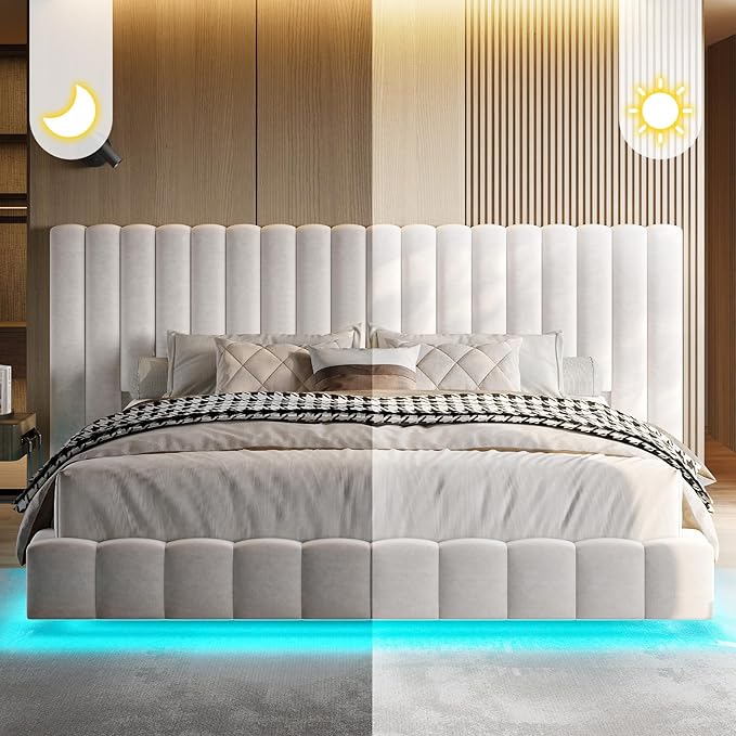 Jocisland King Size Bed Frame with 100" Wide Upholstered Headboard, Modern Velvet Floating Platform with LED Lights Underneath, No Box Spring Needed, Cream