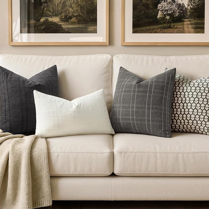 MIULEE Decorative Linen Check Lumar Throw Pillow Covers Neutral Farmhouse Vintage Pillow Covers 24x24 Inch Set of 2 Boho Modern Home Decor for Sofa Couch Bedroom Cushion Chair Charcoal Gray