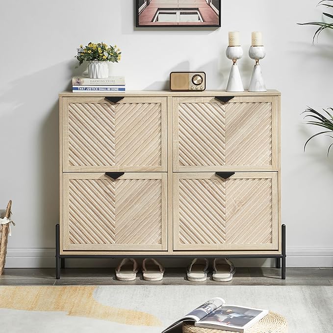 Shoe Cabinet Storage with 4 Flip Drawers, Narrow Hidden Shoes Organizer Cabinet for Entryway, Freestanding Slim Shoe Rack Front Door Entrance(Oak)