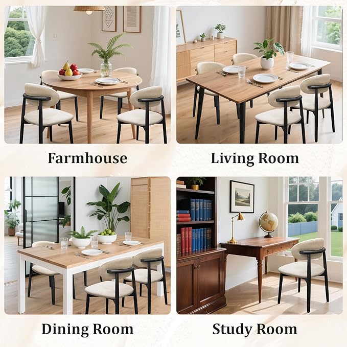 Farmhouse Dining Chairs Set of 8, Mid Century Modern Fabric Upholstered Kitchen Chairs, Wooden Dining Room Chair with Curved Back&Black Legs for Kitchen Dining Room Restaurant Cafe, Beige, Only Chairs