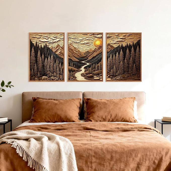 HPINUB Abstract Landscape Mountain Canvas Wall Art Set, Vibrant Sun Forest Pine Tree Wall Decor, Wilderness Nature River Rustic Scenery Art Print for Living Room,Bedroom,Office(Set of 3,12X16 Inch)