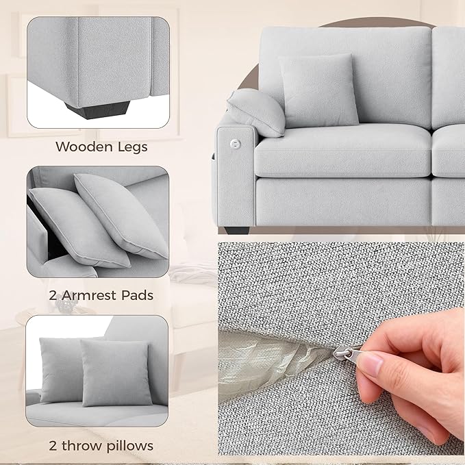 88.58" 3 Seats Deep Seat Sofa Couch, Light Grey | USB/Type-C Port, Side Storage, Removable Cover, Wide Armrest, For Small Space