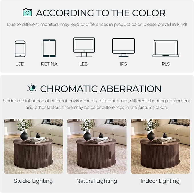 LINSY HOME Round Coffee Table, 31.5" Drum Coffee Table with Sliding Tambour Door, Fluted Accent Center Table with Storage, Mid Century Modern Coffee Table for Living Room, Walnut
