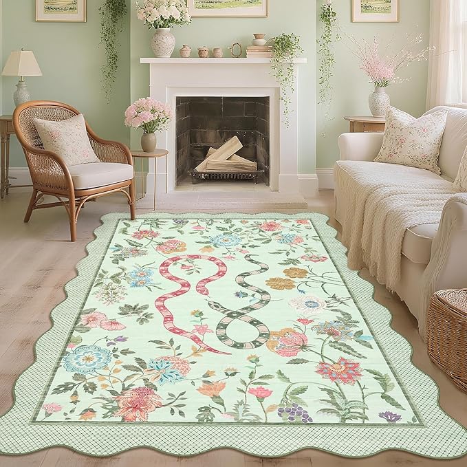 Garvee Snake Washable Area Rugs 8x10 Boho Scalloped Living Room Rugs, Botanical Floral Bedroom Rug, Stain-Resistant Low Pile Floor Carpet for Dining Room Dorm Nursery Playroom Farmhouse Office,Green