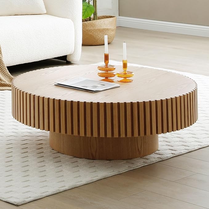 31.49" Round Coffee Table Wood, Modern Drum Fluted Oak Coffee Table for Living Room, Contemporary Minimalist Low Circle Center Table Side Table for Apartment, Farmhouse, Office Natural Ash