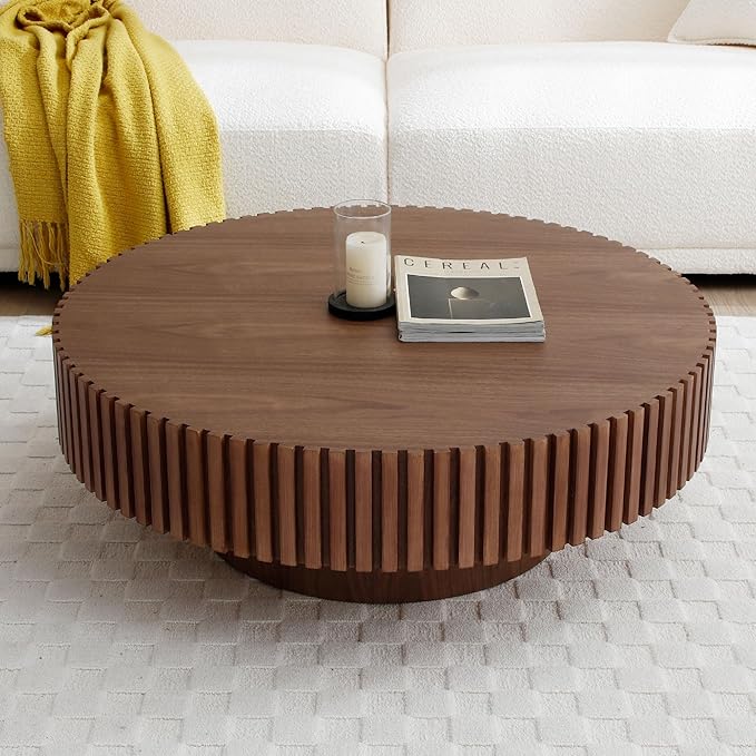 31.49" Walnut Round Coffee Table Wood, Modern Fluted Coffee Table for Living Room, Contemporary Low Circle Center Table Side Table for Small Space, Apartment, Farmhouse, Office, mesa de Cafe