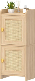 Akxomel Rattan Small Bathroom Cabinet with 2 Doors, 7.9''D x 11.8''W Narrow Toilet Paper Storage Cabinet, Bathroom Organizer for Small Space, Wooden Slim Corner Unit with Adjustable Shelf, Natural Oak