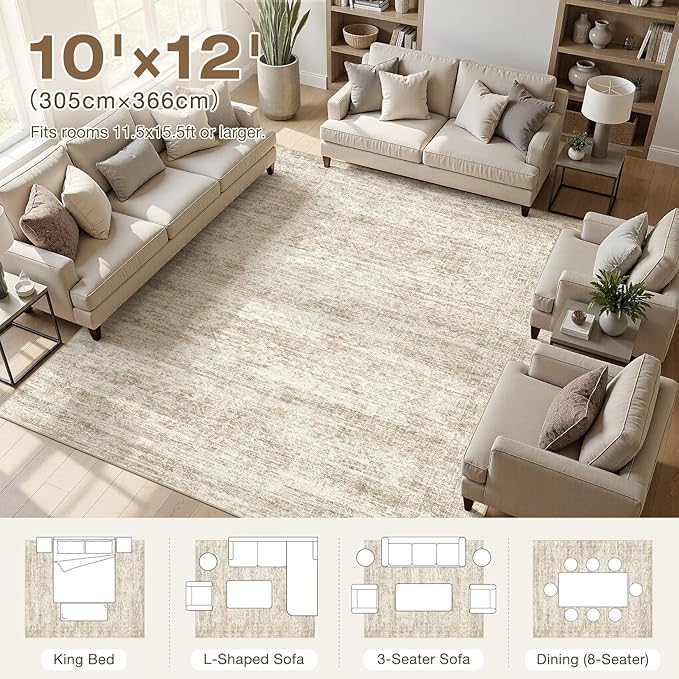 cotiled Large Area Rugs for Living Room 10x12, Machine Washable Rugs with Non Slip Backing Modern Neutral Abstract Rugs Stain Resistant Distressed Carpets for Home Decor (10x12 Beige/Brown)