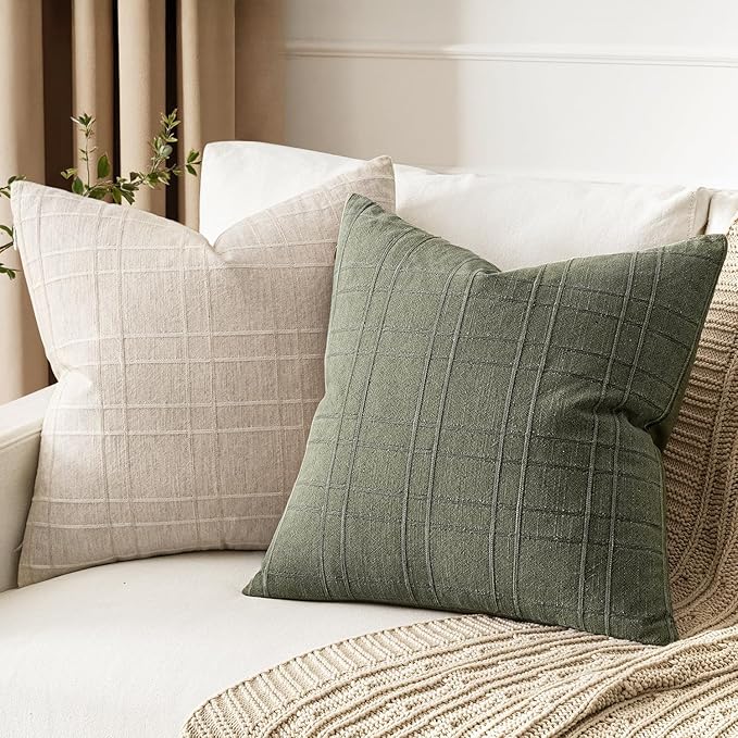 MIULEE Decorative Linen Check Throw Pillow Covers Neutral Farmhouse Vintage Spring Pillow Covers 20x20 Set of 2 Boho Modern Home Decor for Sofa Couch Bedroom Cushion Olive Green