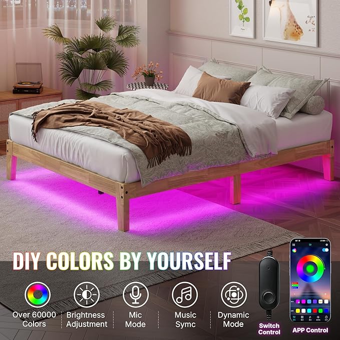 Queen Size Solid Wood Platform Bed with Led Light - Noise-Free Design with Metal and Wood Slat Support, No Box Spring Needed, Easy Assembly, Natural Wood Finish