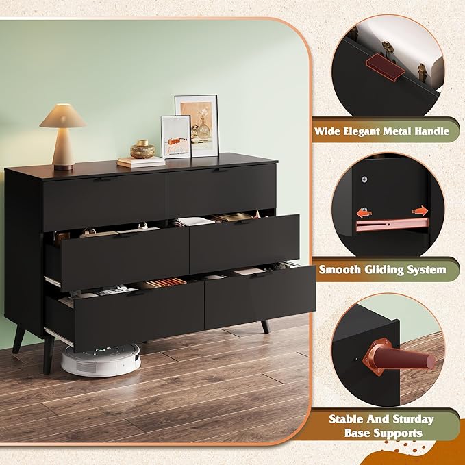 WLIVE Black Dresser for Bedroom, 47'' Wide 6 Drawer Wooden Chest of Drawers, Modern Dresser Storage Organizer, TV Stand for 55 inch TV, for Living Room, Hallway, Closet