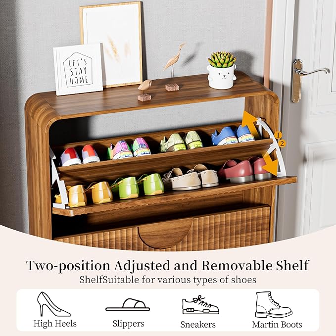 Slim Shoe Storage Cabinet for Entryway, Narrow Shoe Cabinet with 2 Tier Flip Drawers Doors, Fluted Hidden Shoe Rack Organizer for Entrance, Entry Way, Foyer, Hallway, Walnut, Wooden