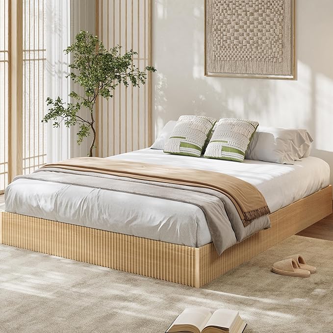 Garvee Queen Bed Frame, Wood Platform Bed with Fluted Design, Low Profile BedFrame, Minimalist Bed Base with Noise-Free, Easy Assembly, No Box Spring Needed, Natural