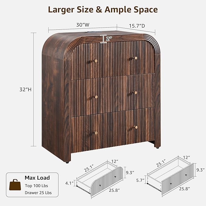 T4TREAM Fluted Dresser with 3 Drawers, 32" Tall Modern Chest of Drawers with Thickened Curved Profile Design, Wood Closet Clothes Storage Organizer for Bedroom, Living Room, Hallway, Dark Walnut