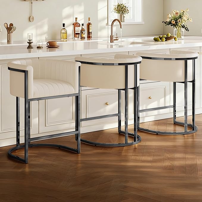 Modern Counter Height Bar Stools,Bar Stools Set of 3,Fabric Upholstered Barrel Barstools with Backs and Arms,26'' Kitchen Island Chairs,Metal Black Frames,Beige White Linen