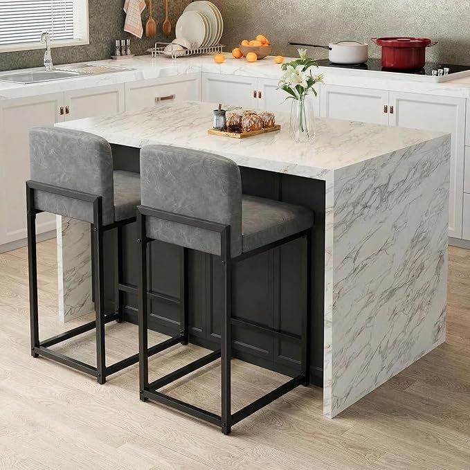 GarveeHome Bar Stools Set of 6, Modern Counter Height Bar Stools with Back and Footrest, Faux Leather Upholstered Barstools Chairs for Kitchen Island Dining Room Bar, Grey