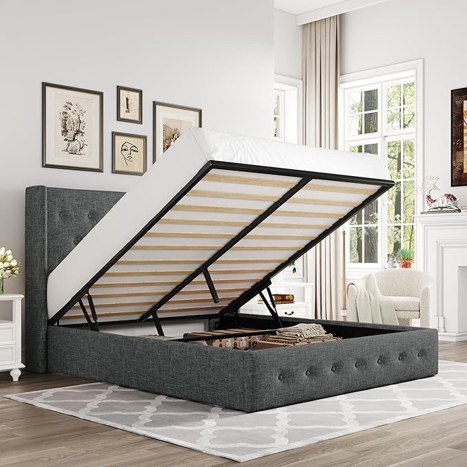 Allewie Full Size Lift Up Storage Bed, Button Tufted Headboard with Wingback, Hydraulic Support, No Box Spring Needed, Dark Grey