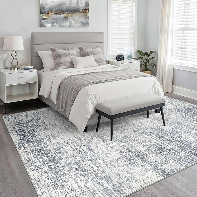 4x6 Rug Washable Area Rugs: Neutral Abstract Soft Modern Stain Resistant Small Indoor Floor Non-Slip Low Pile Throw Carpet for Entryway Kitchen Bedroom Nursery Kids Office Playroom Home House- Blue