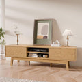 TOLEAD 59" Mid Century Modern TV Stand for TVs up to 65 Inch, Low Profile Entertainment Center with Fluted Sliding Doors & Storage, Wood TV Console Table for Living Room, Oak