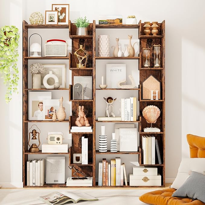 Tangkula 6-Tier Bookshelf, 64”H Tall Open Bookcase with Anti-Tip Kits, Home Office Free-Standing Wood Room Divider Display Shelf, Modern 11-Shelf Storage Rack for Study, Living Room (1, Rustic Brown)