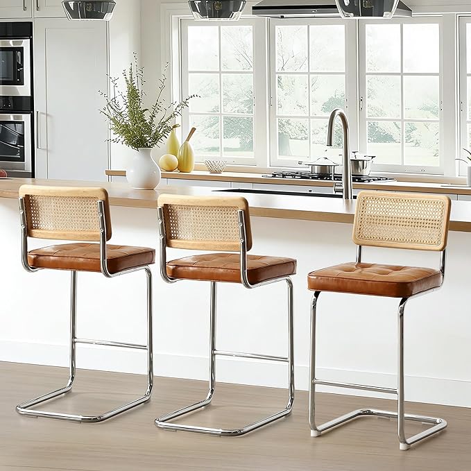 Zesthouse Natural Rattan Bar Stools Set of 2, Modern Counter Height Stools with Solid Wood Back, 26'' Counter Height Chairs, Mid Century Cantilevered Bar Chairs for Kitchen Island, Faux Leather Brown