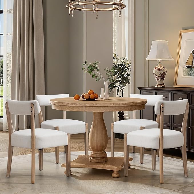 ZJhome Dining Chairs,4 Pack Mid-Century Modern Wooden Kitchen Chairs with Linen Upholstery - Low-Back Woven Design for Kitchen & Dining Room,Beige Fabric