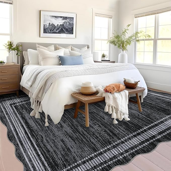 Garvee Scalloped Large Modern Abstract Area Rug 10x13 Washable Rug for Living Room, Non-Slip Soft Carpet for Bedroom, Scalloped Low-Pile Solid Print Accent Rug for Dining Room Home Office, Black