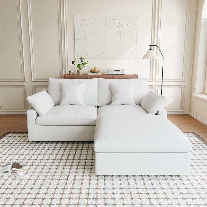 Modular Sectional Sofa Cloud Couch, 82.68" Loveseat Sofa with Chaise Ottoman, Linen Blend Fabric Minimalist Deep Seat Couches for Apartment Small Space, Sofa Covers Washable&Removable, White