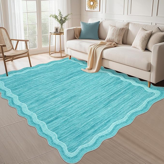 Garvee Scalloped 8x10 Rugs Washable Area Rugs for Living Room,Modern Stain Resistant Solid Rug for Bedroom, Scalloped Low Pile Non-Slip Neutral Rug for Farmhouse Dining Room Home Office Dorm,Teal