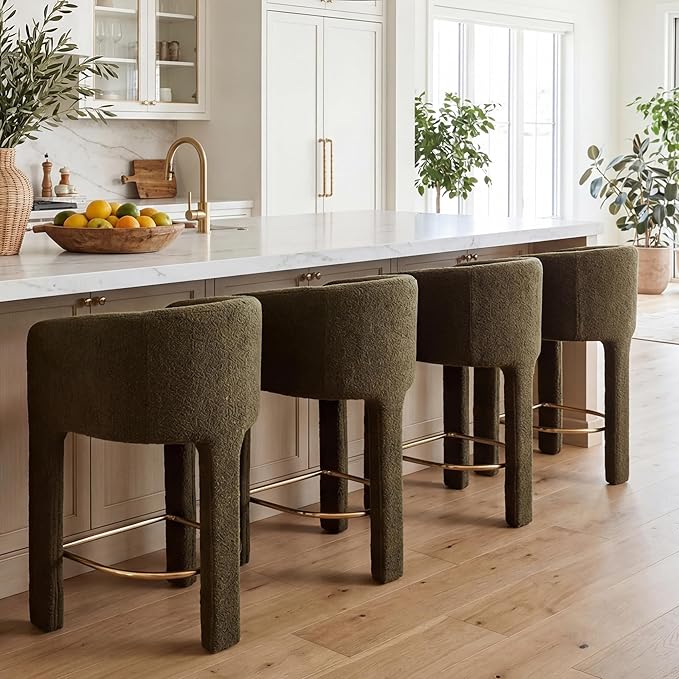 Modern Counter Height Bar Stools Set of 4, 26”H Barrel Counter Stools for Kitchen Counter, Upholstered Barstools with Back and Armrest, Sherpa Bar Stools for Kitchen Island,Home Bar Furniture, Green