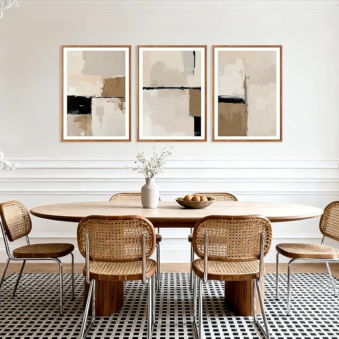 HPINUB Modern Abstract Framed Canvas Wall Art Set,(Set of 3,12X16 Inch) Geometric Line Black White and Beige Textured Wall decor Neutral Gray Minimalist Art Print for Living Room,Dining Room,Office