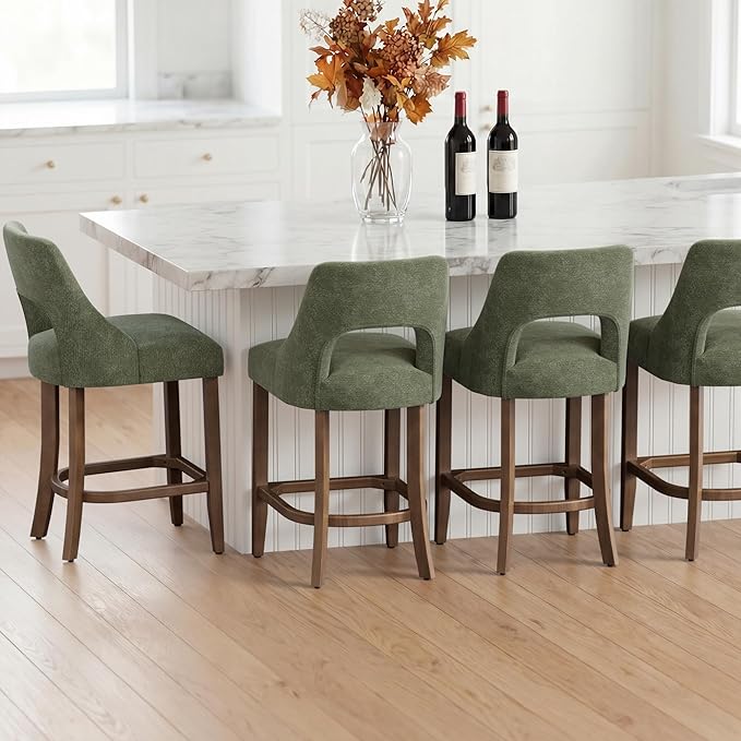 UVV Bar Stools Set of 2, Upholstered Counter Height Bar Stools, Modern Counter Stools with Wood Legs for Kitchen Island Dining Room Bar, Green