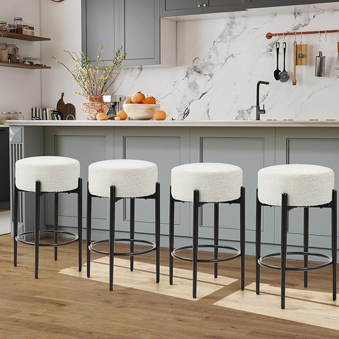 Murago Counter Height Bar Stools, Set of 4, 24" Modern Backless Bar Stools, Ideal for Kitchen Counter, Kitchen Island, Boucle Sherpa Padded Cover, with Round Soft Seat and Foot Rest, White