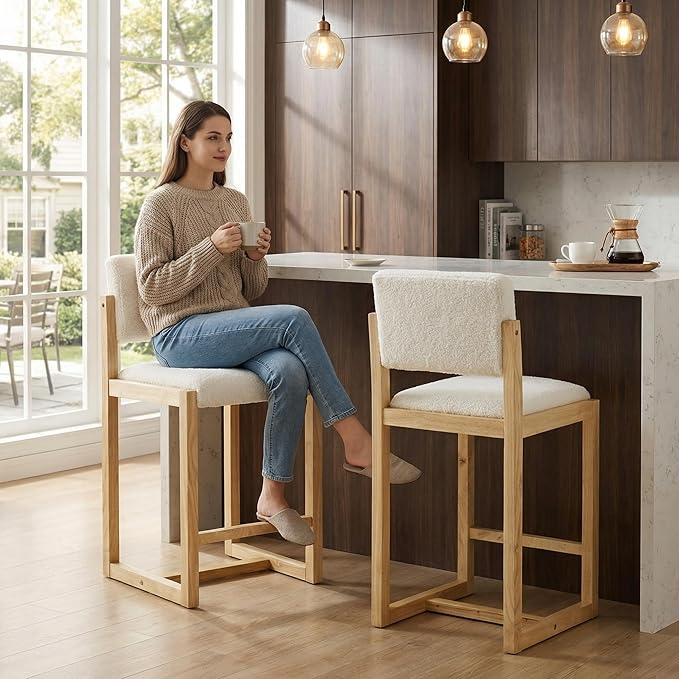 DUOMAY Modern Bar Stools Set of 2, 26" Counter Height Barstools, Sherpa Upholstered Kitchen Island Chair with Light Walnut Color Wood Legs for Home, White