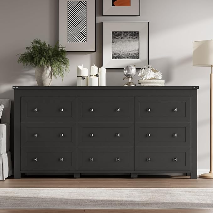 BORNOON 9-Drawer Dresser, Modern Wooden Storage Chest of Drawers, Dresser TV Stand, Wood Drawer Organizer with Metal Handles for Bedroom, Living Room, Hallway