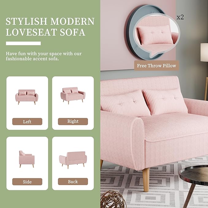 Vongrasig 47" Small Modern Loveseat Sofa, Mid Century Soft Corduroy Fabric 2-Seat Sofa Couch Tufted Love Seat with Back Cushions and Tapered Legs for Living Room, Bedroom and Small Space (Pink)