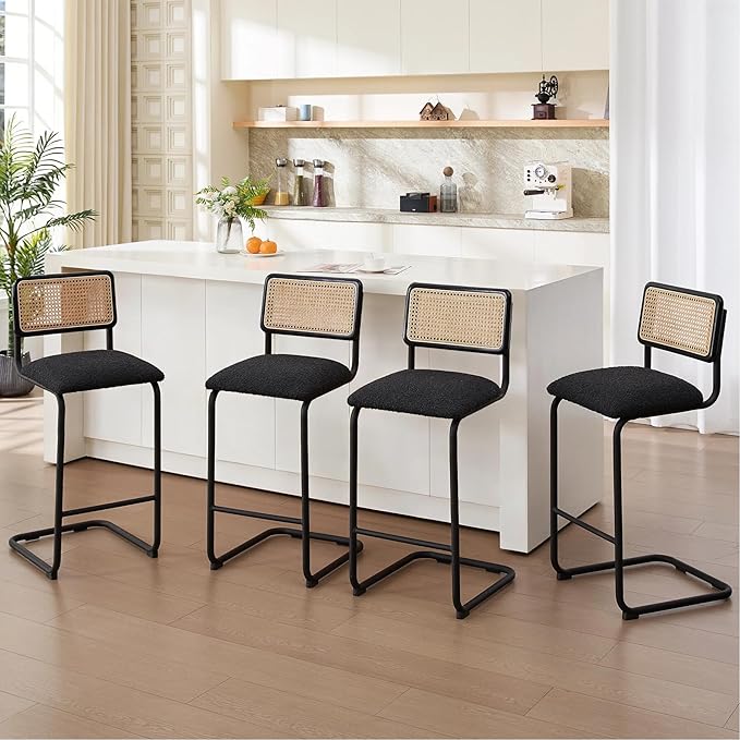 Zesthouse Rattan Bar Stools Set of 4, 30'' Upholstered Boucle Fabric Barstools with Wooden Back & Natural Cane Mesh, Mid Century Modern Bar Height Chairs with Chrome Base for Kitchen, Black Barstools