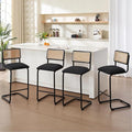 Zesthouse Rattan Bar Stools Set of 4, 30'' Upholstered Boucle Fabric Barstools with Wooden Back & Natural Cane Mesh, Mid Century Modern Bar Height Chairs with Chrome Base for Kitchen, Black Barstools